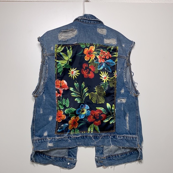 Zara Jackets & Blazers - Oversized Distressed Denim Vest with Floral Back
